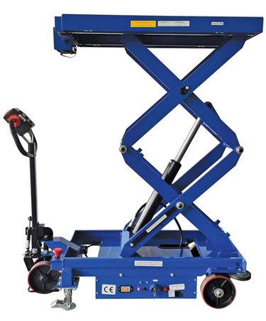 Steel Hydraulic Double Scissor Cart DC Powered With Scale 20 In. x 40 In. 1,500 Lb. Capacity Blue